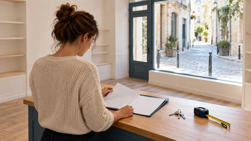 Commerçante signant un bail commercial devant sa future boutique vide