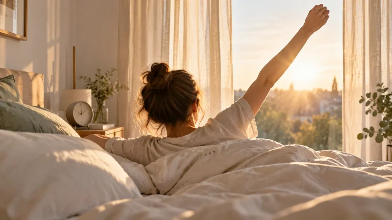 Chambre à l'aube avec rayons de soleil sur un réveil et une personne qui s'étire
