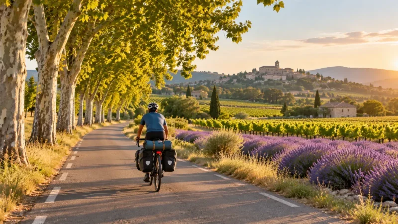 Cycliste de dos avec sacoches sur une petite route provençale bordée de platanes