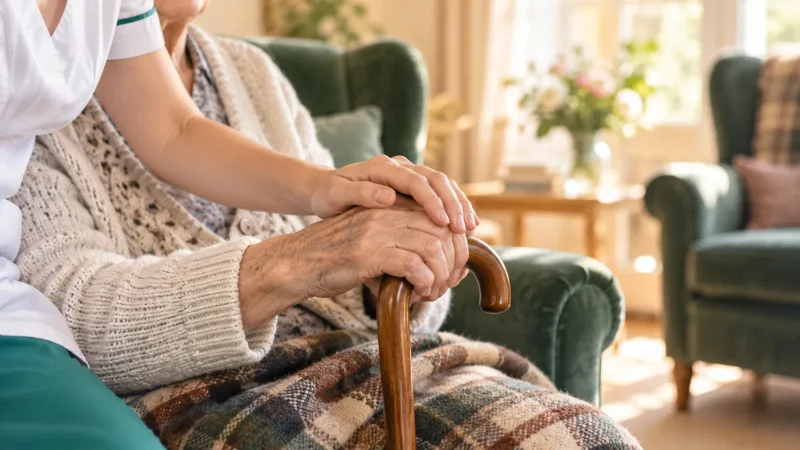 Mains d'une soignante posées sur celles d'une personne âgée tenant une canne