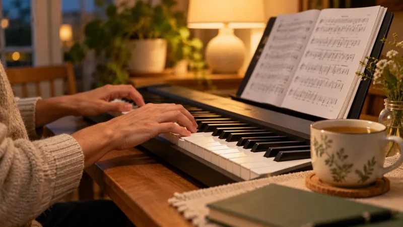 Mains d'un adulte apprenant le piano sur un petit clavier éclairé par une lampe