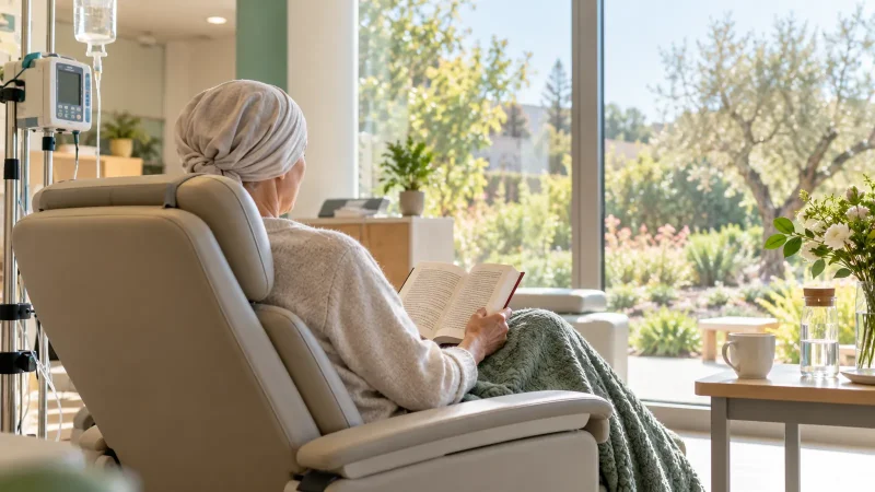 Patient de dos lisant dans un fauteuil de soins près d'une fenêtre d'hôpital de jour