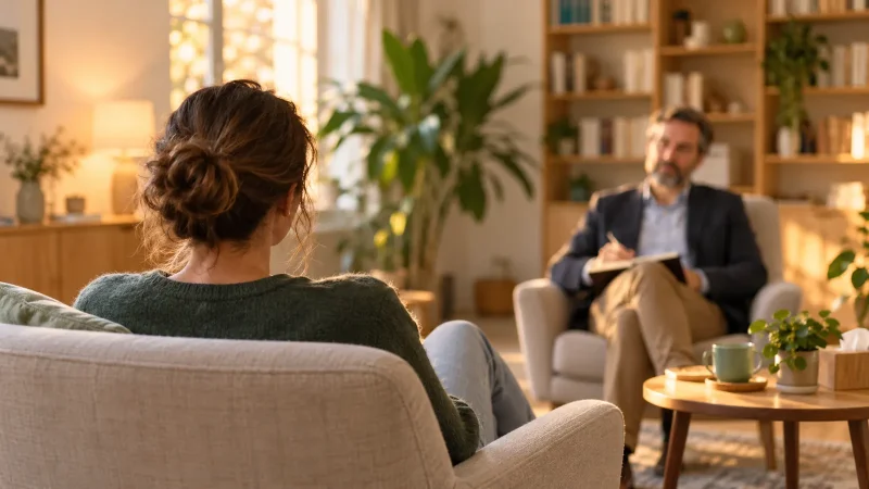 Cabinet de consultation avec deux fauteuils face à face et une personne de dos