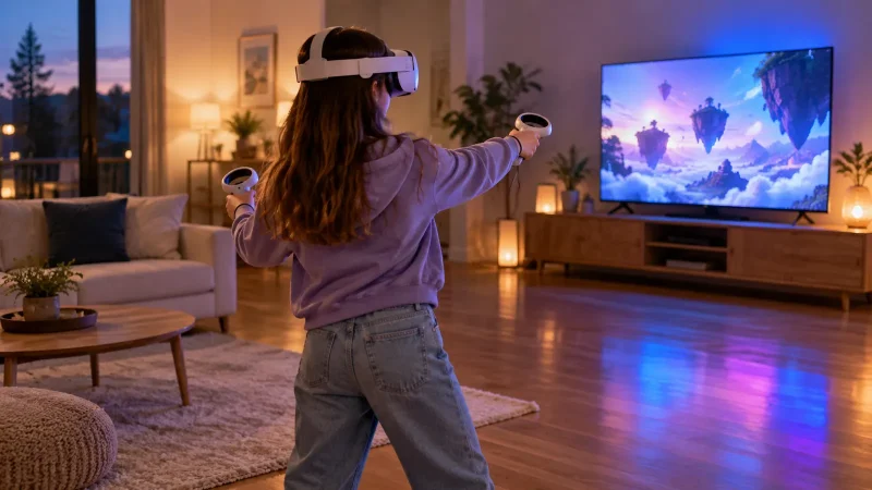 Adolescente de dos portant un casque de réalité virtuelle dans un salon tamisé