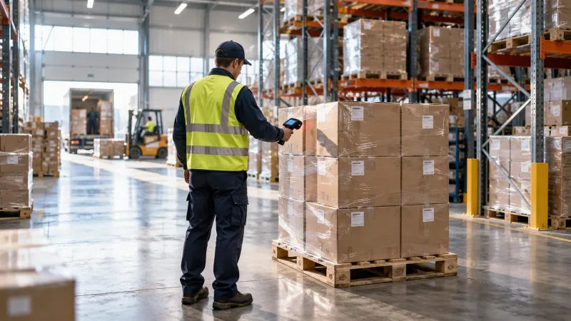 Manutentionnaire de dos scannant des cartons sur palette dans un entrepôt logistique