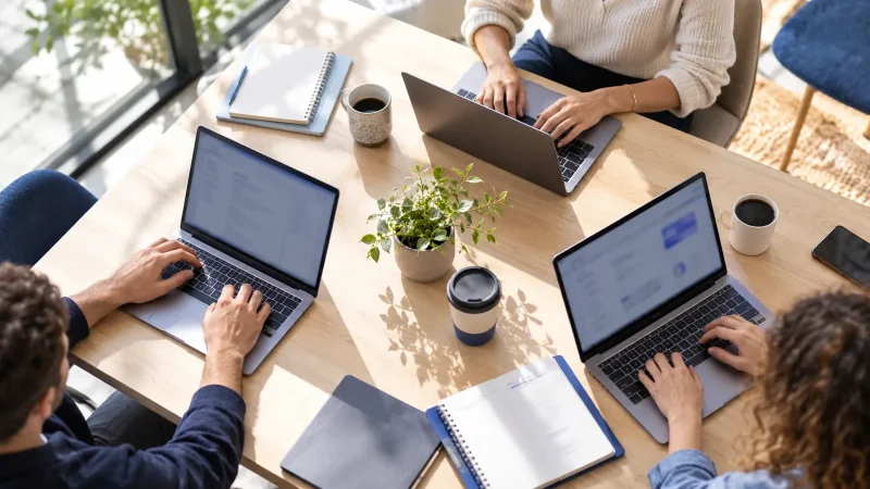 Mains de collaborateurs tapant sur des ordinateurs portables dans un espace de coworking