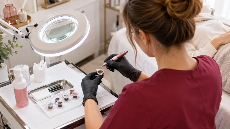 Praticienne gantée travaillant le sourcil d'une cliente allongée dans un institut de beauté