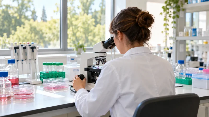 Chercheuse de dos observant au microscope dans un laboratoire lumineux