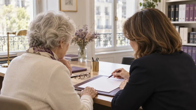 Mandat de protection future signé par une femme âgée et sa fille chez un notaire
