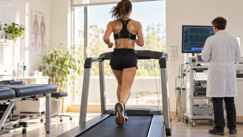 Coureuse de dos sur un tapis de course pendant un test d'effort médical