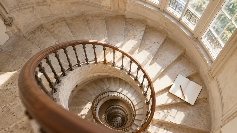 Escalier en colimaçon vu d'en haut évoquant un paradoxe visuel sans fin
