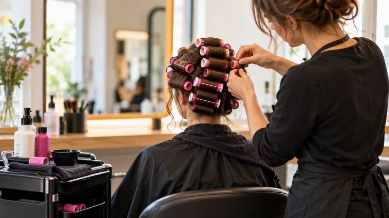 Coiffeuse enroulant des mèches sur des bigoudis colorés pour une cliente vue de dos