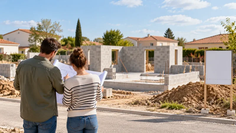 Panneau de permis de construire planté devant le chantier d'une maison individuelle