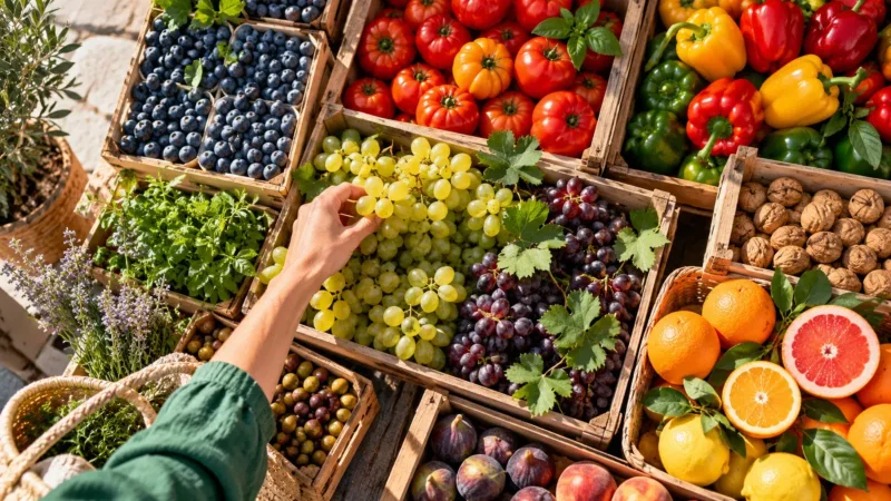 Étal de marché garni de fruits rouges, légumes colorés et noix sous le soleil