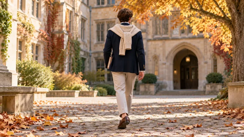 Étudiant de dos en blazer marine et mocassins dans une cour universitaire en automne