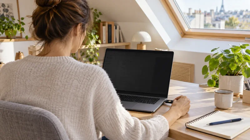 Femme de dos insérant une clé de sécurité dans son ordinateur dans un bureau à domicile