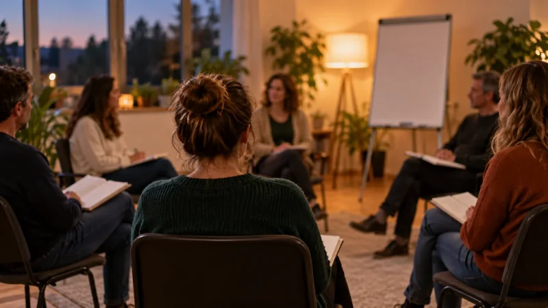 Participants de dos assis en cercle avec des cahiers d'exercices dans une salle de groupe
