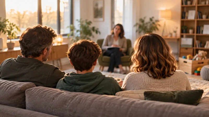 Parents et adolescent de dos sur un canapé face à un thérapeute en séance