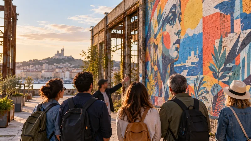 Groupe de dos découvrant une grande fresque murale dans une friche industrielle reconvertie
