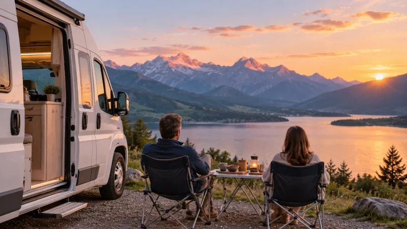 Couple de dos devant un camping-car garé au bord d'un lac au coucher du soleil