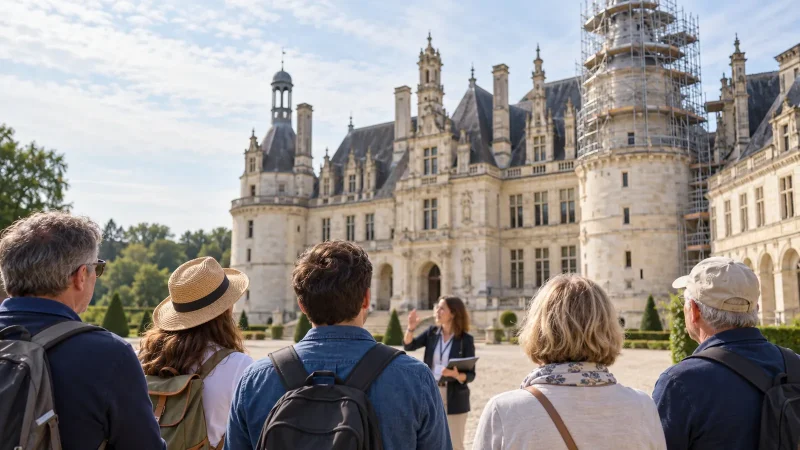 Visiteurs de dos écoutant une guide dans la cour d'un château de la Loire
