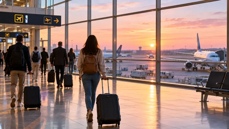 Voyageurs de dos tirant leurs valises dans un hall d'aéroport à l'aube