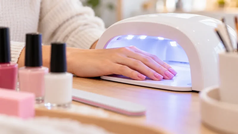 Main de cliente aux ongles rose poudré posée sous une lampe UV