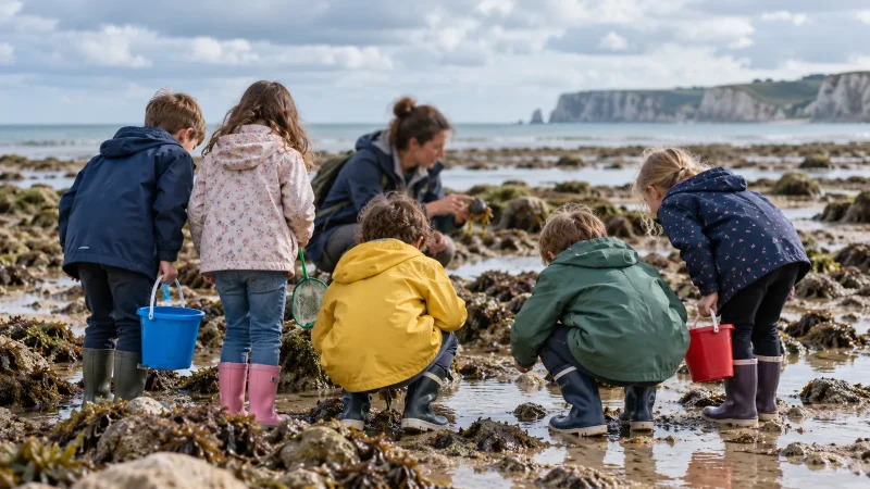 Écoliers de dos en bottes observant la vie marine sur une plage à marée basse