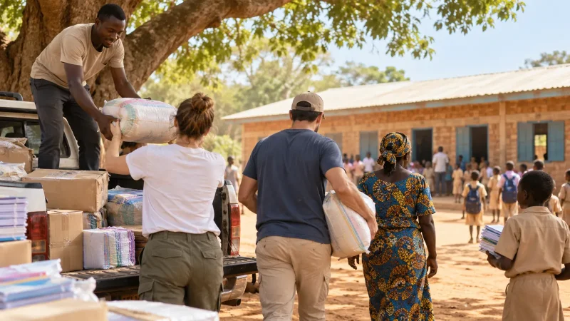 Bénévoles de dos déchargeant des fournitures scolaires devant une école de village