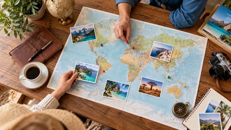 Mains posant des épingles sur une carte du monde dépliée dans une agence de voyages