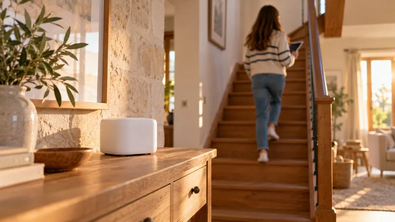 Petit boîtier Wi-Fi blanc posé sur une console au pied d'un escalier en bois