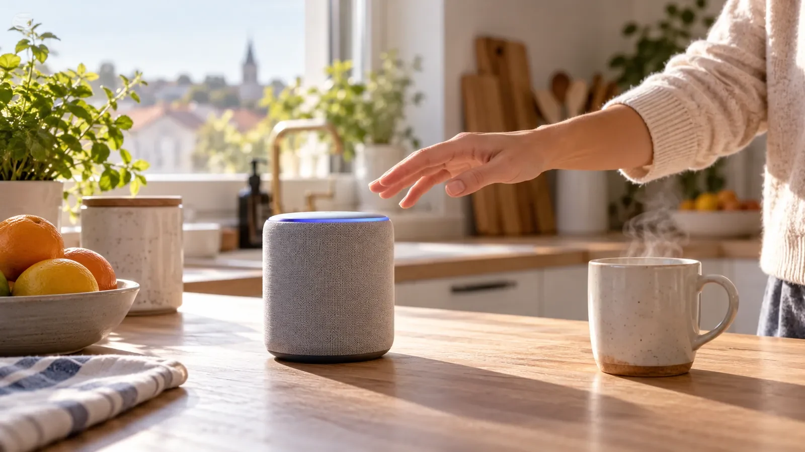 Enceinte connectée posée sur un plan de travail de cuisine près d'une tasse fumante
