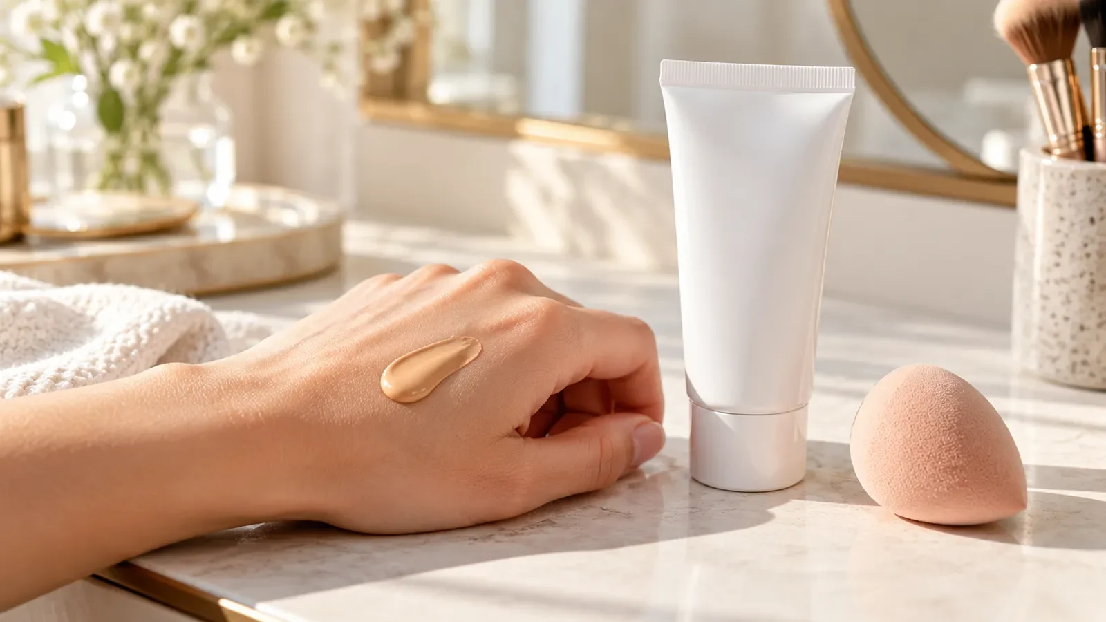 Noisette de crème teintée sur le dos d'une main près d'un tube et d'une éponge