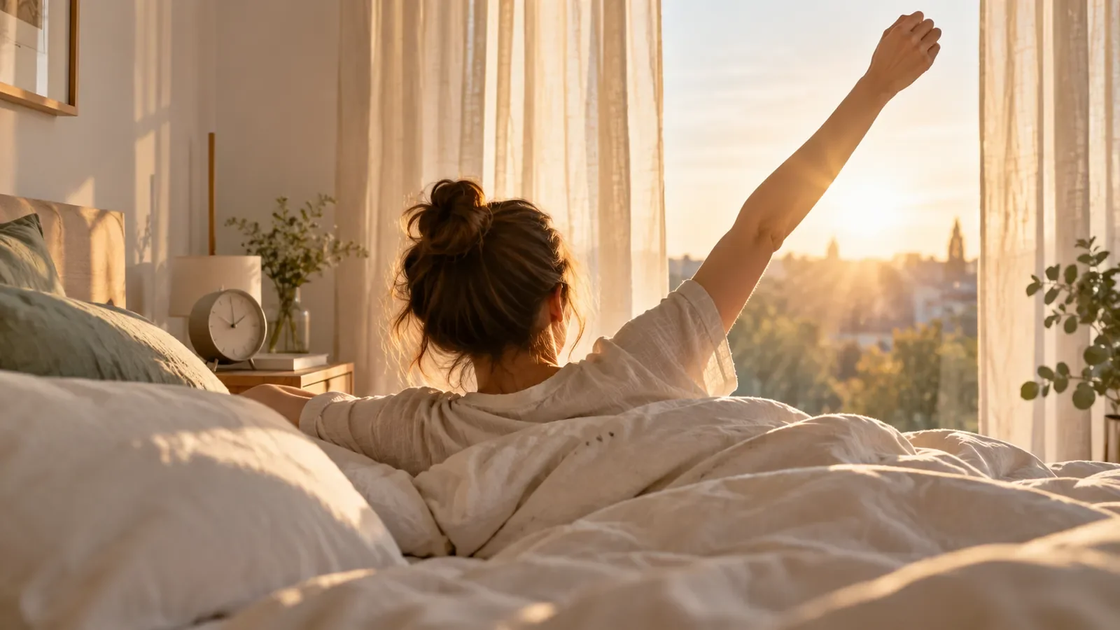 Chambre à l'aube avec rayons de soleil sur un réveil et une personne qui s'étire