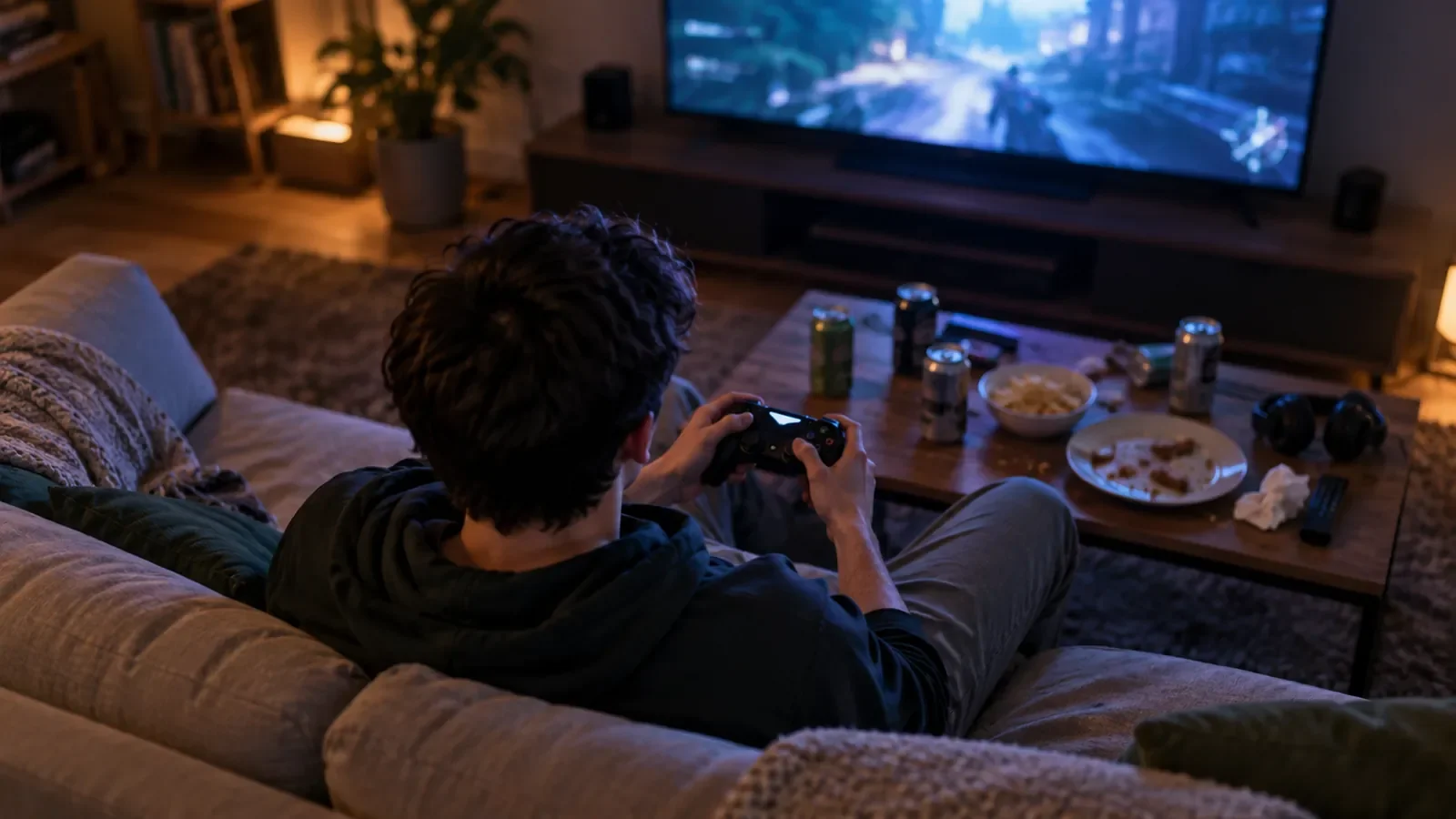 Jeune adulte de dos tenant une manette devant un écran dans un salon sombre