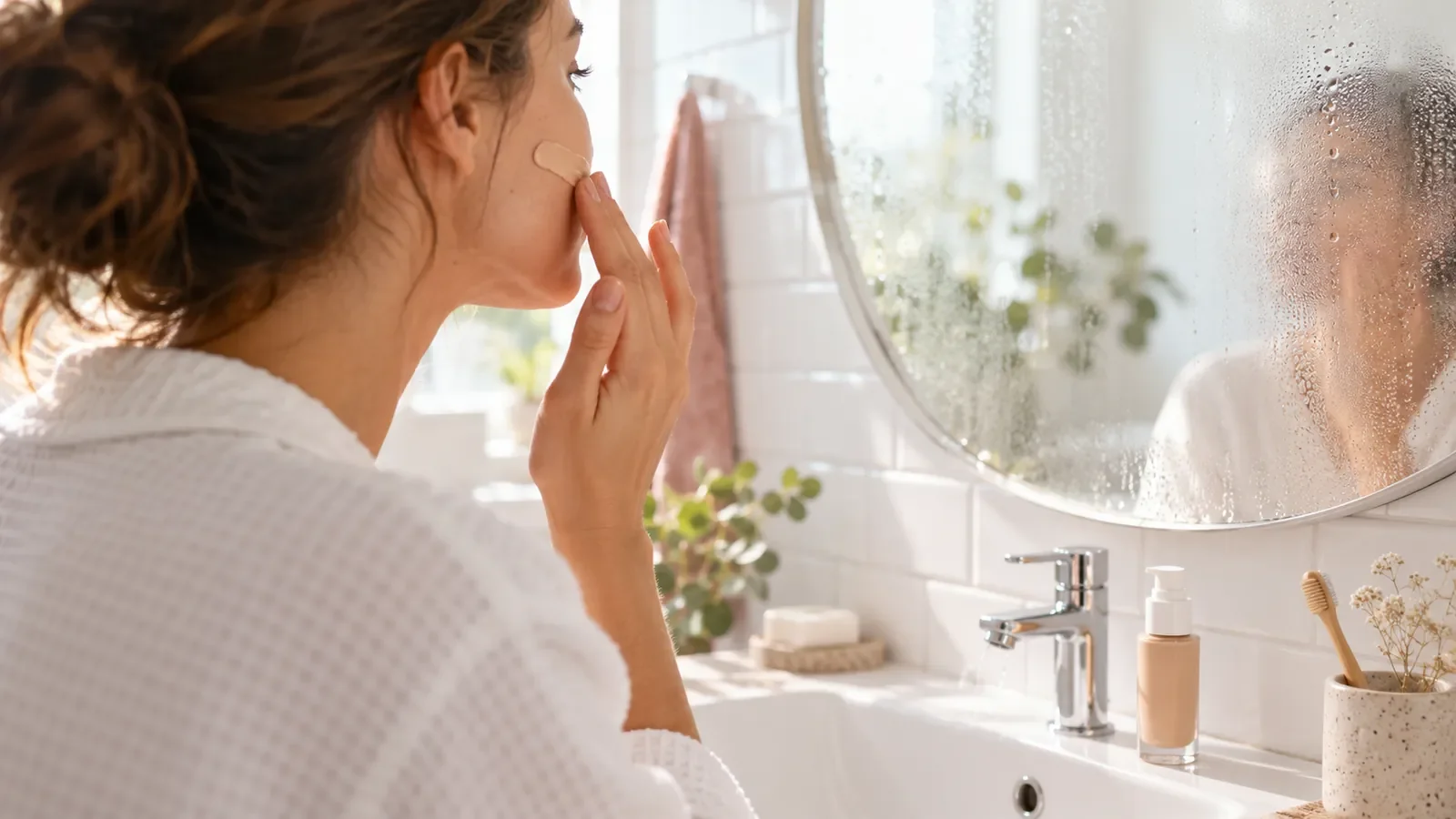 Femme de profil flou appliquant une crème teintée devant le miroir d'une salle de bains