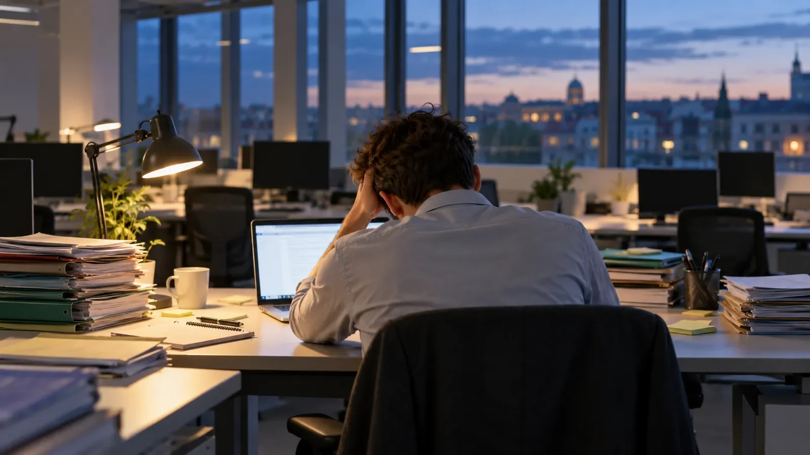 Employé de dos épuisé devant son ordinateur dans un bureau vide en soirée