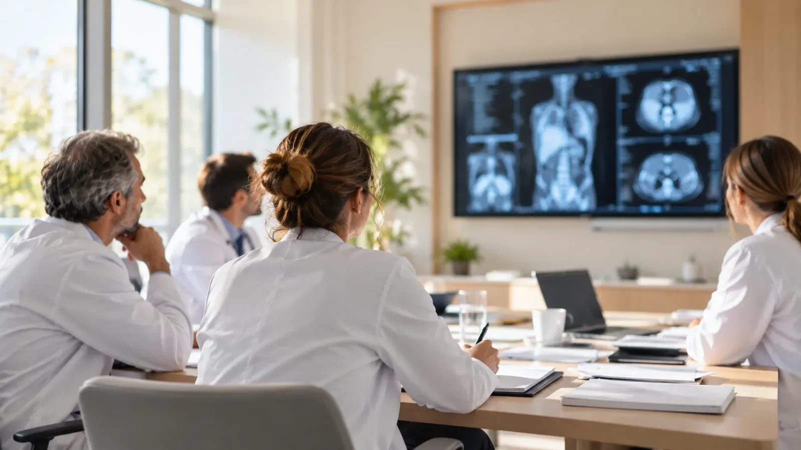 Médecins réunis autour d'une table devant un écran d'imagerie médicale dans un hôpital