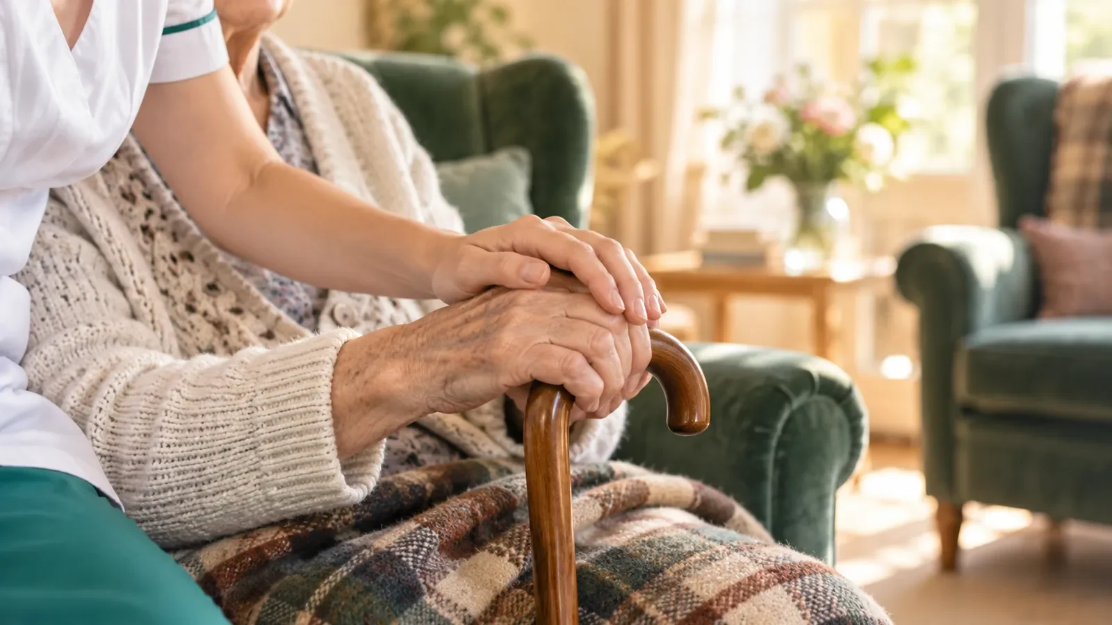 Mains d'une soignante posées sur celles d'une personne âgée tenant une canne