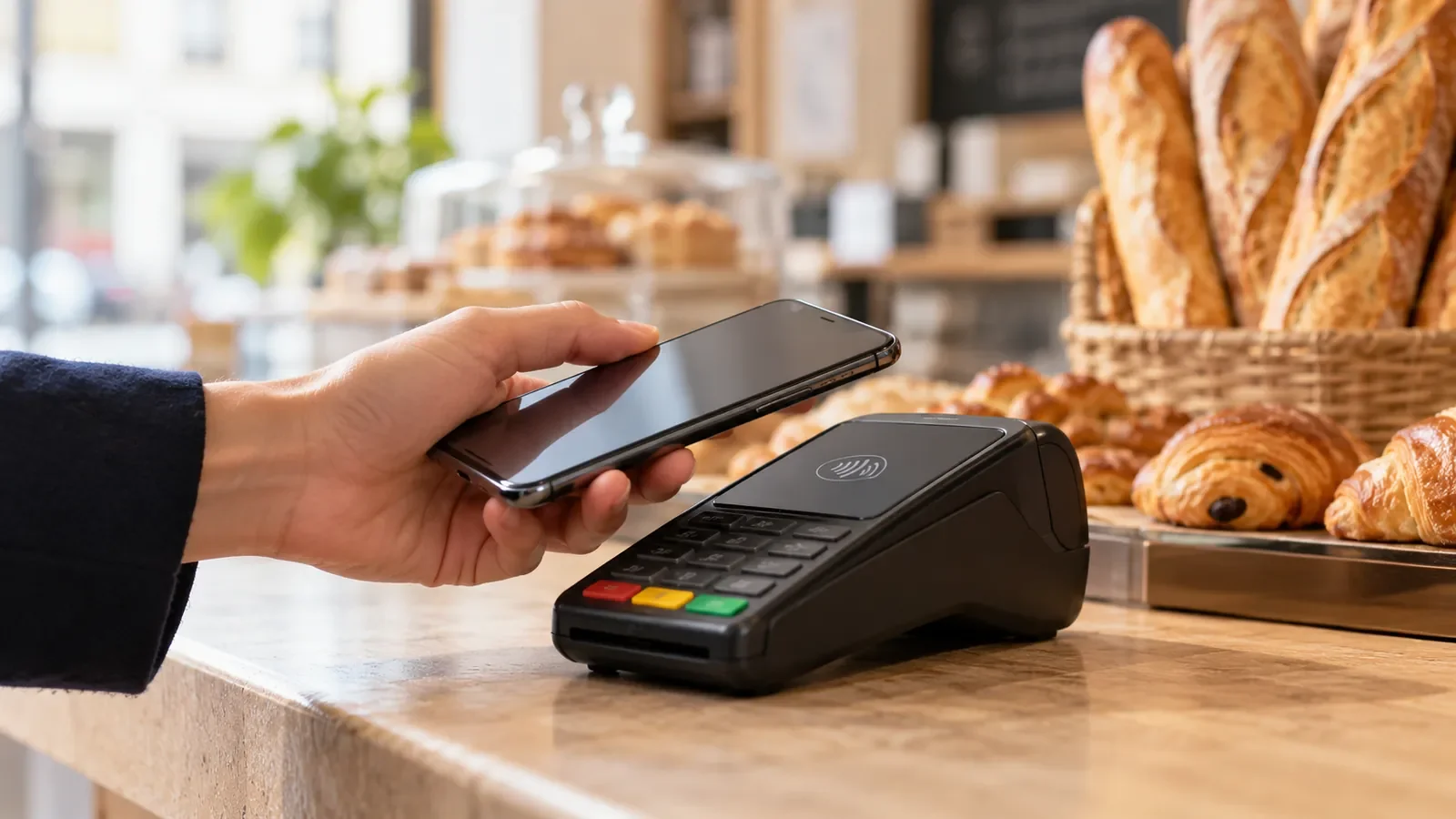 Main approchant un smartphone d'un terminal de paiement sur le comptoir d'une boulangerie