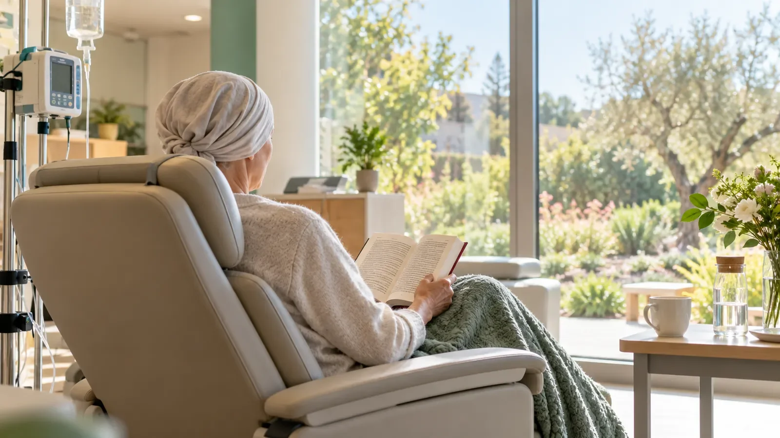 Patient de dos lisant dans un fauteuil de soins près d'une fenêtre d'hôpital de jour