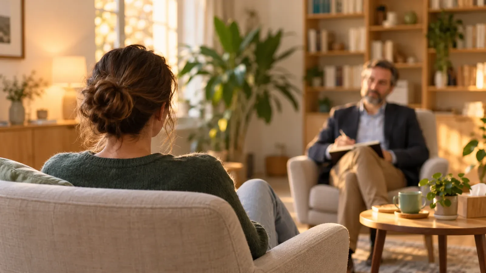Cabinet de consultation avec deux fauteuils face à face et une personne de dos