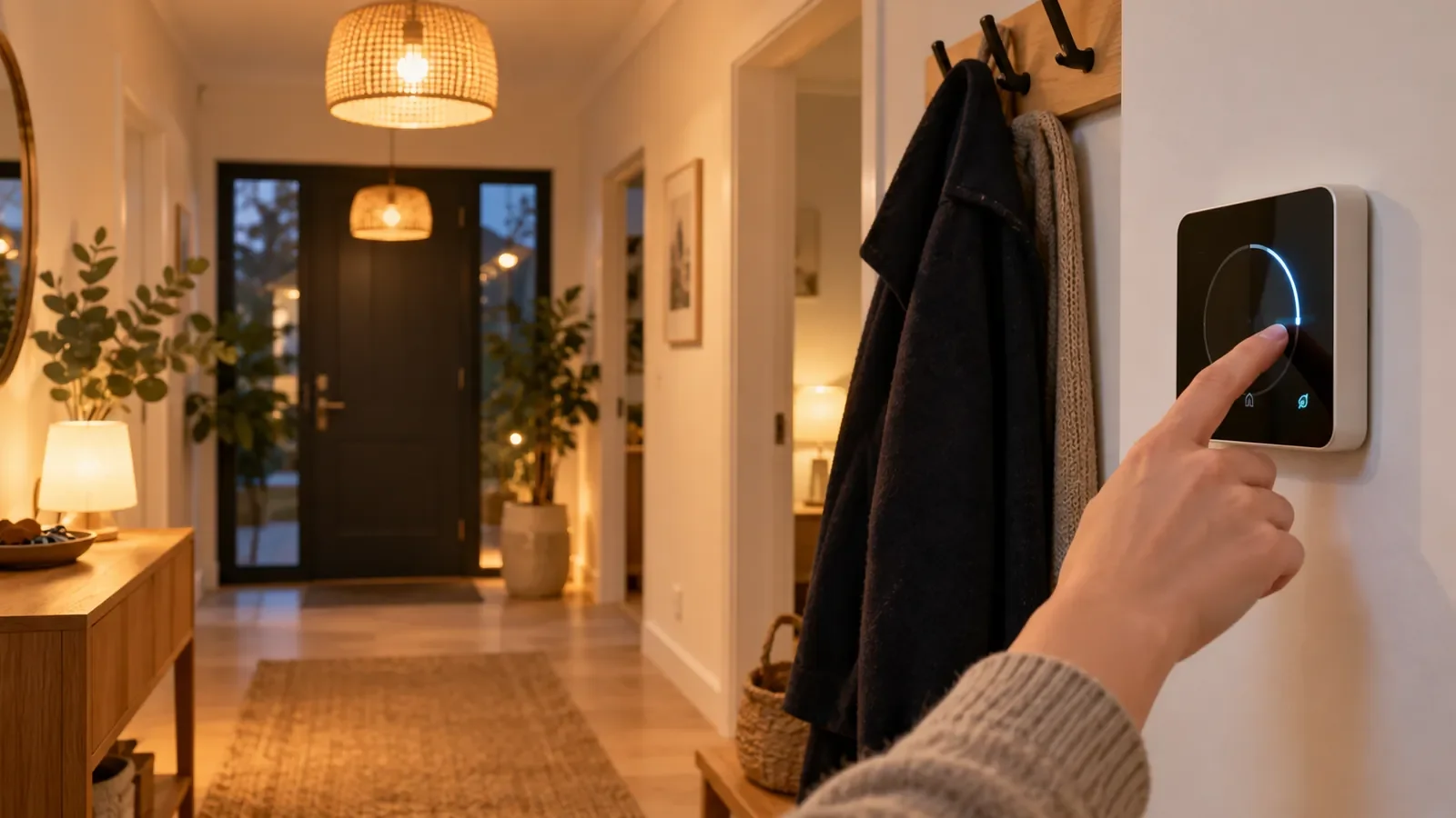 Main réglant un thermostat mural tactile dans l'entrée éclairée d'une maison