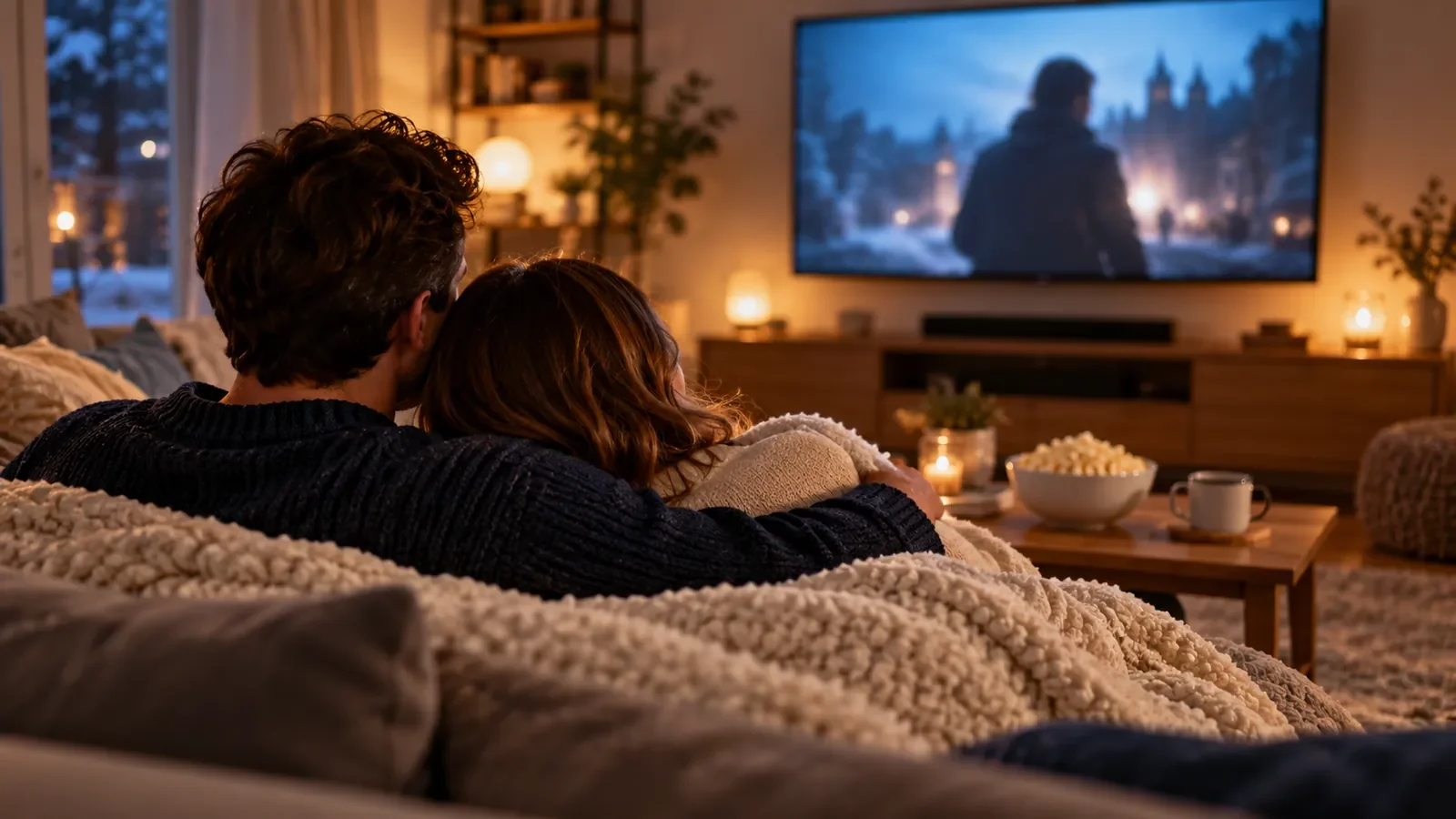Couple de dos sous un plaid regardant un film sur une télévision murale