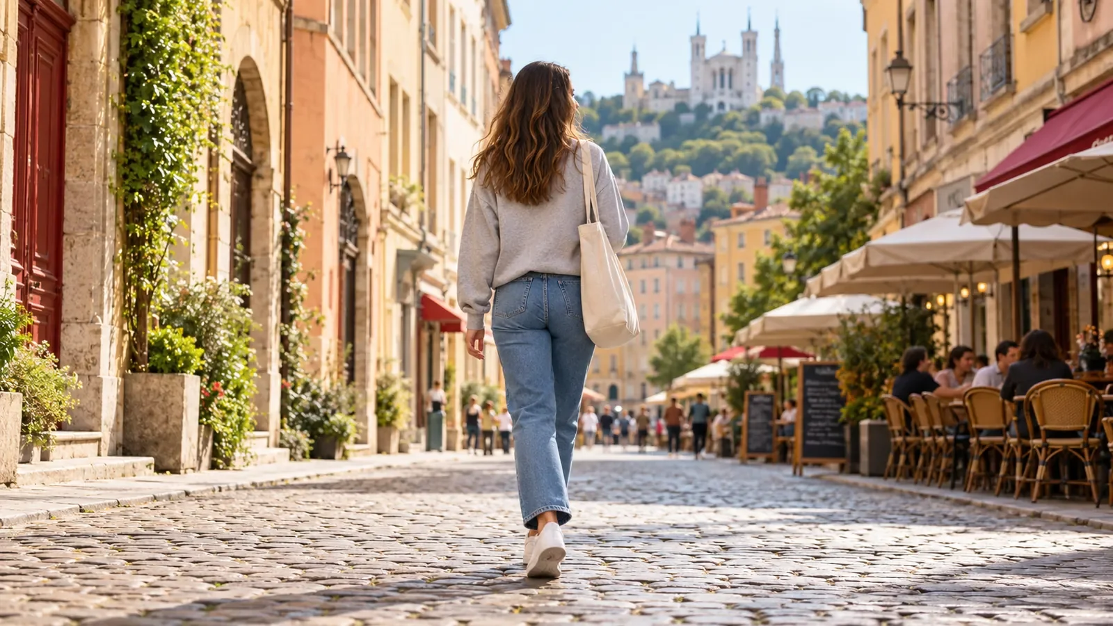 Jeune femme de dos en jean et sweat gris marchant dans une rue pavée