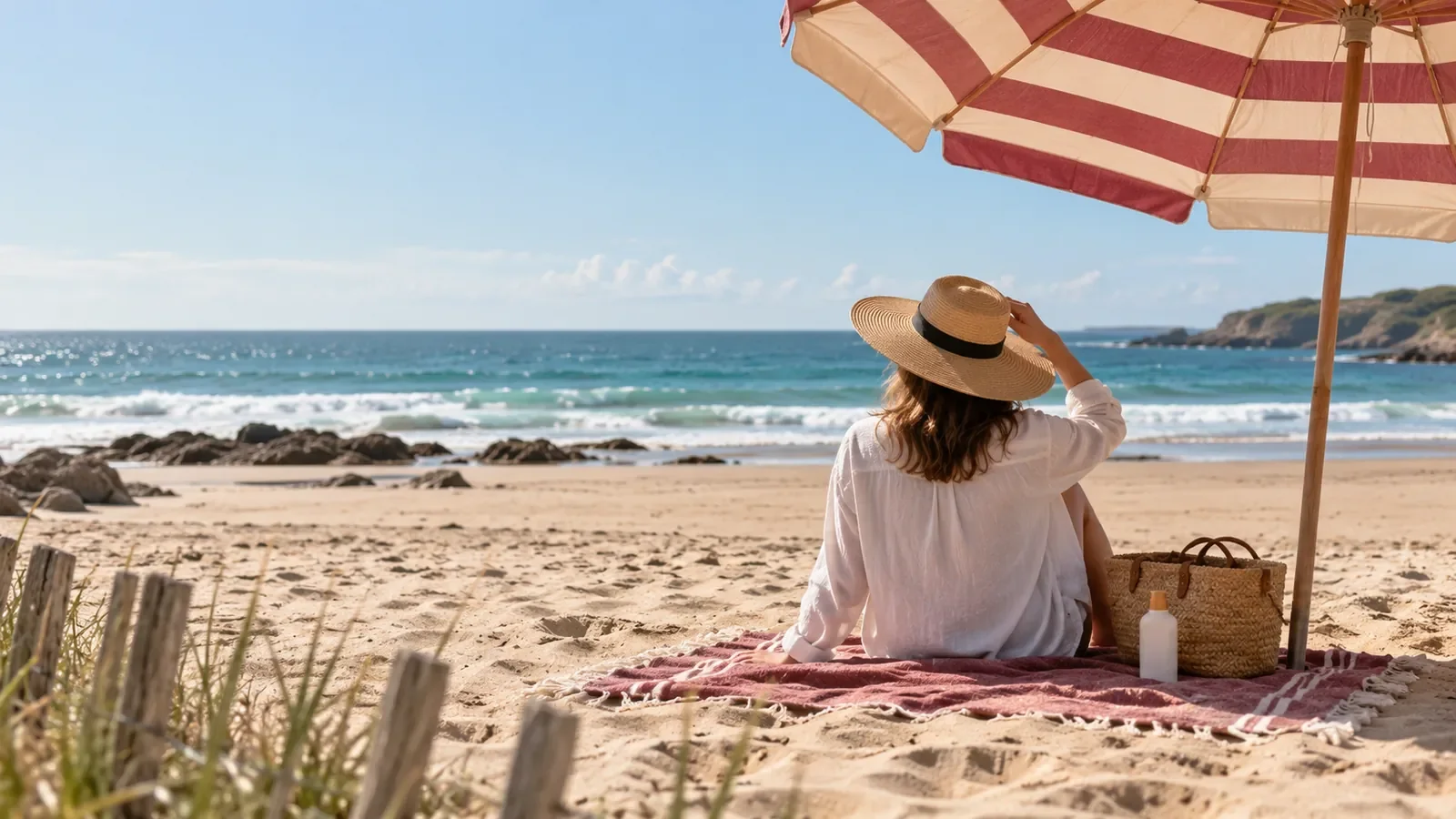 Personne allongée sur une serviette sous un parasol avec crème solaire et chapeau de paille