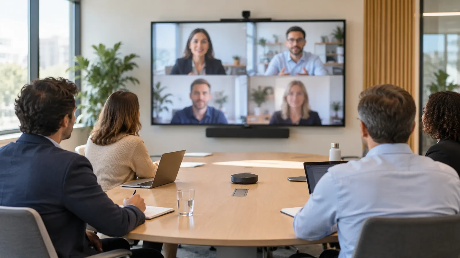 Participants de dos face à un grand écran de visioconférence dans une salle de réunion