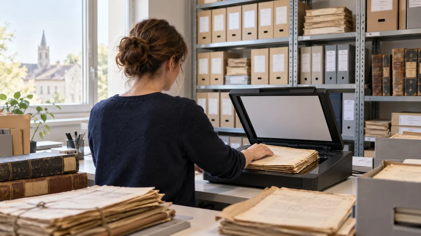 Employée de dos numérisant de vieux documents sur un scanner dans un bureau d'archives