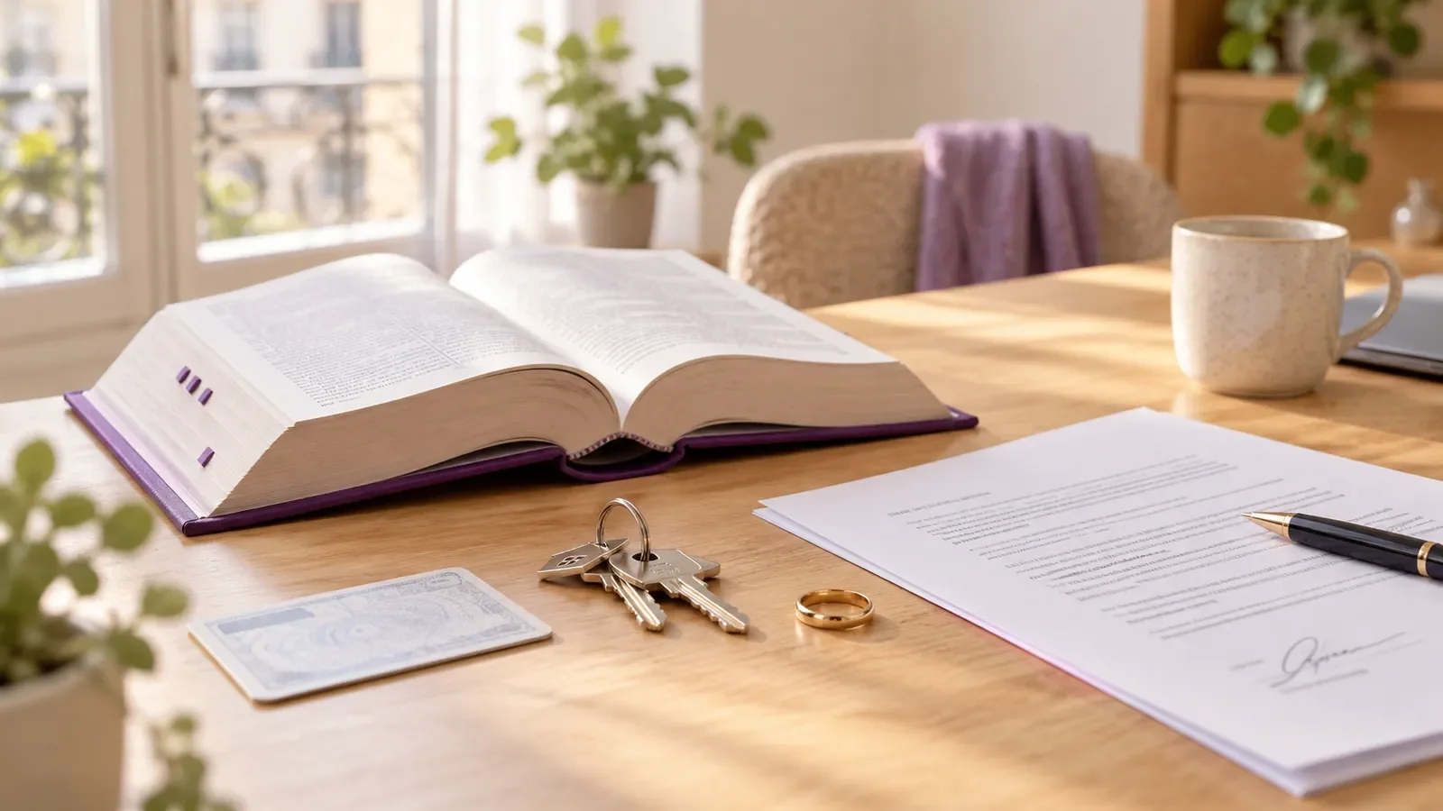 Bureau avec un code juridique ouvert, des clés de maison, un permis de conduire et un contrat signé