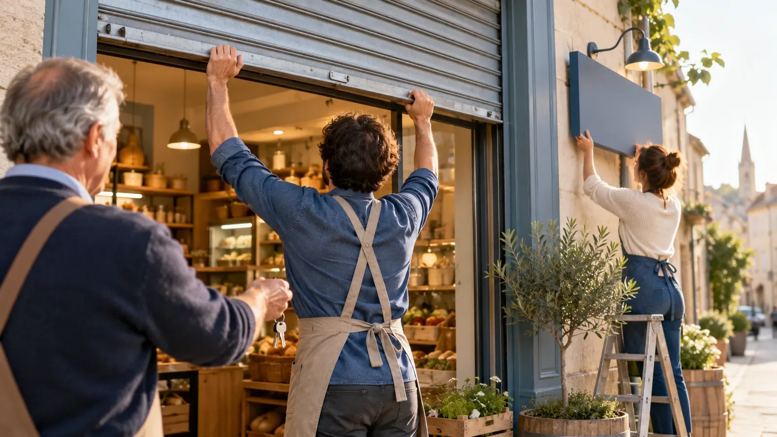Gérante devant sa boutique le jour de l’ouverture, rideau levé et premiers clients